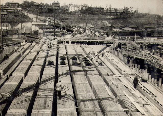 Перед началом армирования пролетных строений левобережной эстакады. Июль 1936г.