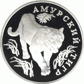 Амурский тигр на серебряной монете (Россия, 1993)
