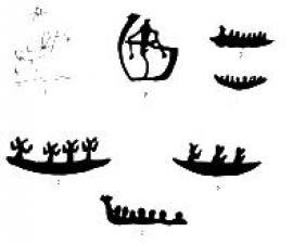 Рис. 1.2. Изображения лодок с людьми на скалах Прибайкалья. Каменный век.