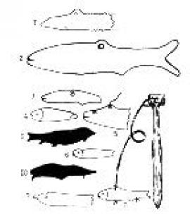  осетр (9), нерпа (10), скульптура осетра (1), других рыб (2–7), рыбка-«приманка» (8) из камня. (По П. П. Хороших, 1948).