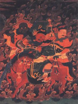 Гэсэр-хан. Бурятия, сер. XIX в. Поскольку образ Гэсэра не имел установившейся иконографии, с приходом буддизма он вобрал черты китайского полководца и богатыря-воина 