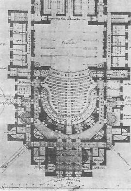 Конкурсный проект театра. План партера, фасад. Архит. В.А. Шрётер (первая премия). 1893 г.