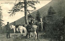 Охотский тракт. На перевале «Сетте-Дабан». Открытка. 1909. «.. затем было три крутых подъема к самому трудному на всем пути от Якутска до Охотска перевалу — Сетте-Дабан (Семь хребтов). Перевал назывался так потому, что летом путь лежал через семь горных гряд» 