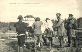 Охотский тракт. Навьючивание лошадей. Открытка. 1909. «Путь пролегал по Охотскому тракту, часть его по сравнительно сносной дороге до станции Чернолесская добирались на лошадях» 