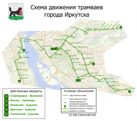 Схема движения трамваев города Иркутска