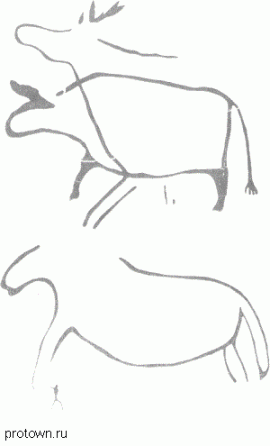 Рисунки животных на Шишкинских скалах (бык и олень, лошадь). Верхняя Лена.